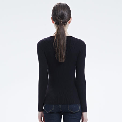 羊绒世家纯山羊绒衫低圆领毛衣女紧身弹性贴身套头竖条纹打底衫女 商品图4