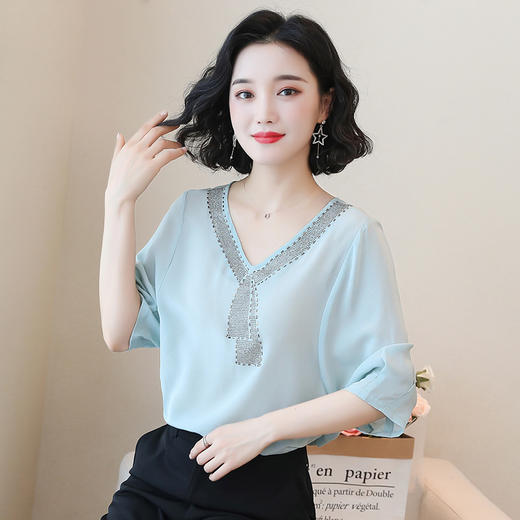 AHM-dydd9538上衣女五分袖时尚欧货钉珠V领宽松t恤潮 商品图3