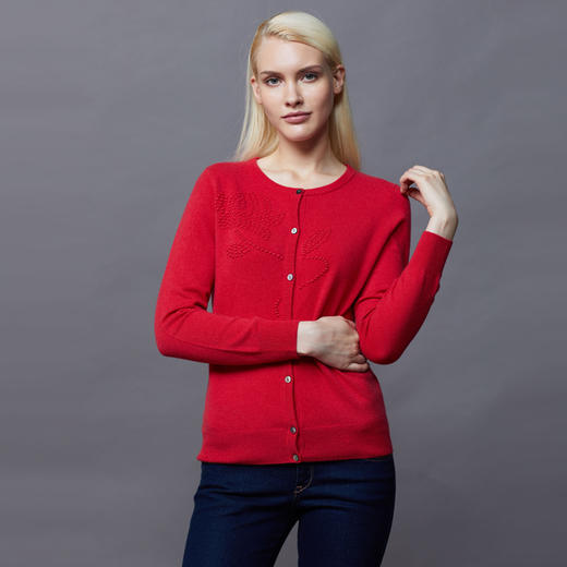 羊绒世家冬新品100%山羊绒圆领开衫女纯色立体提花保暖外搭毛衣 商品图2