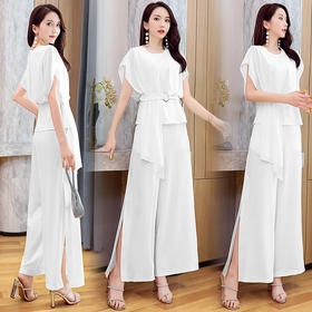 WZNH-2051夏季优雅舒适气质修身阔腿裤雪纺简约纯色两件套