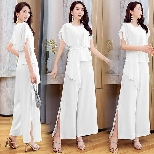 WZNH-2051夏季优雅舒适气质修身阔腿裤雪纺简约纯色两件套 商品图0