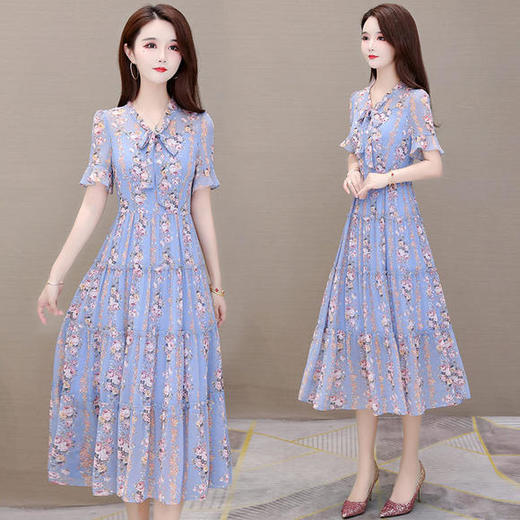YWE-OS20LY43喇叭袖印花时尚气质修身显瘦连衣裙 商品图3