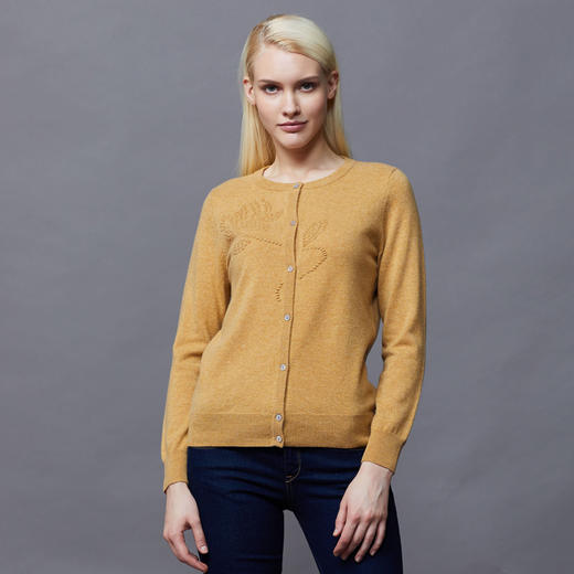 羊绒世家冬新品100%山羊绒圆领开衫女纯色立体提花保暖外搭毛衣 商品图1