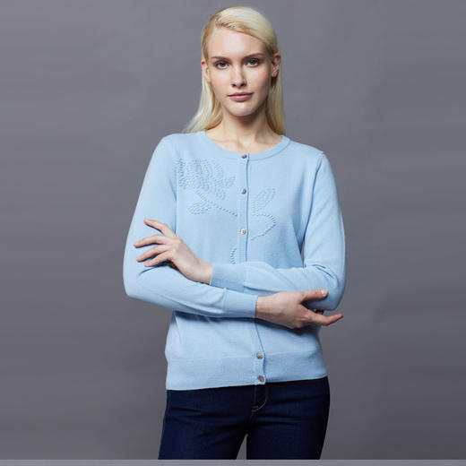 羊绒世家冬新品100%山羊绒圆领开衫女纯色立体提花保暖外搭毛衣 商品图3