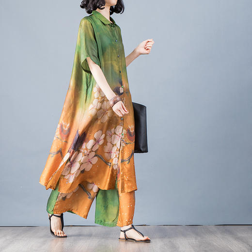 JYCP-70105原创休闲宽松大码真丝印花开衫+阔腿裤套装两件套 商品图2