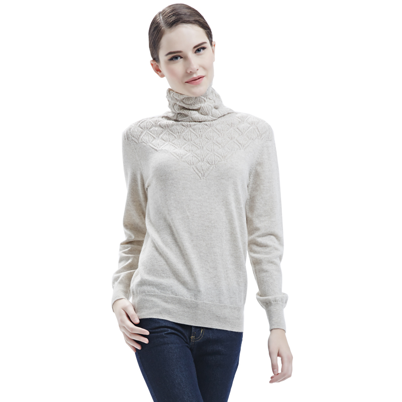 羊绒世家女秋冬新品纯色简约堆领毛衣女薄款菱形印花纯山羊绒衫女