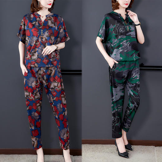 AHM-aswy3041夏新款宽松气质大码妈妈印花长裤V领五分袖两件套 商品图3