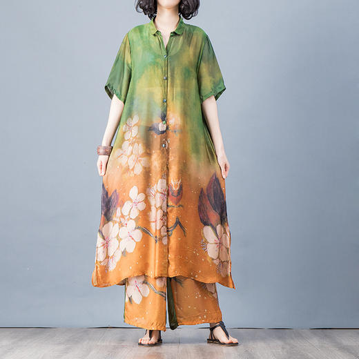 JYCP-70105原创休闲宽松大码真丝印花开衫+阔腿裤套装两件套 商品图1