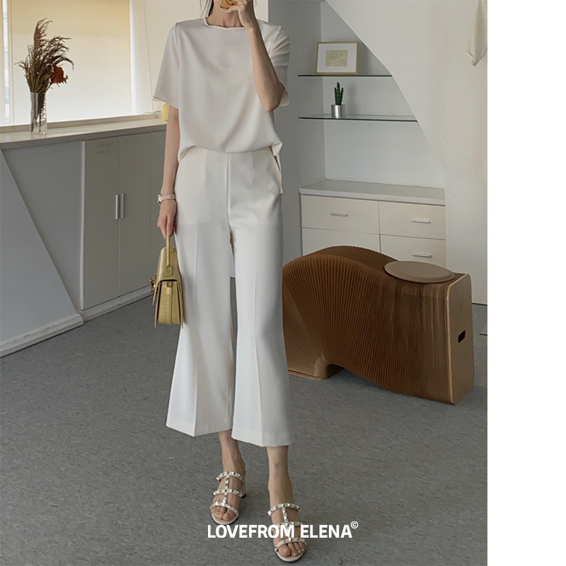 圆领短袖八分裤两件套（米白）