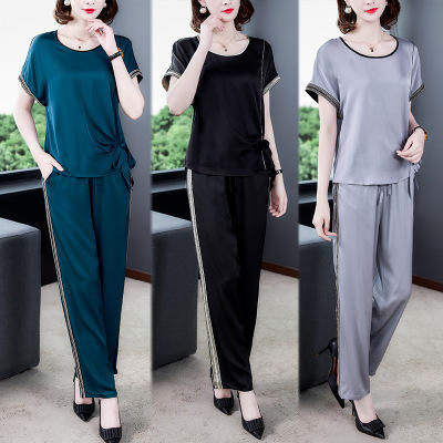 AHM-myx8076夏季新款仿真丝圆领宽松大码两件套 商品图2