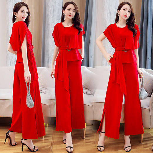 WZNH-2051夏季优雅舒适气质修身阔腿裤雪纺简约纯色两件套 商品图2