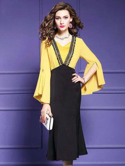 FMY29854新款高端优雅气质高腰显瘦拼接中长款鱼尾裙 商品图2