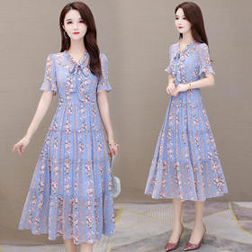 YWE-OS20LY43喇叭袖印花时尚气质修身显瘦连衣裙