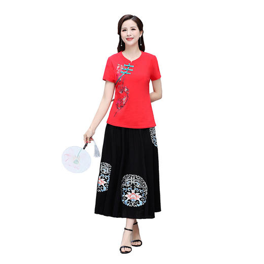 MQ-SLQ2081新款民族风绣花短袖T恤半身裙两件套TZF 商品图4