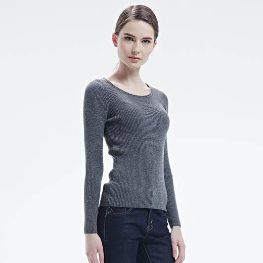 羊绒世家纯山羊绒衫低圆领毛衣女紧身弹性贴身套头竖条纹打底衫女 商品图1