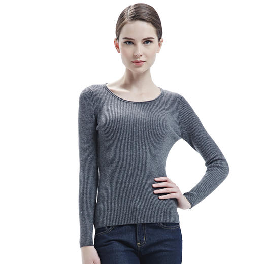 羊绒世家纯山羊绒衫低圆领毛衣女紧身弹性贴身套头竖条纹打底衫女 商品图0