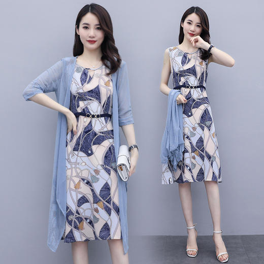 WZNH-WM20669品质款气质优雅中长款印花背带裙两件套配长披肩 商品图1