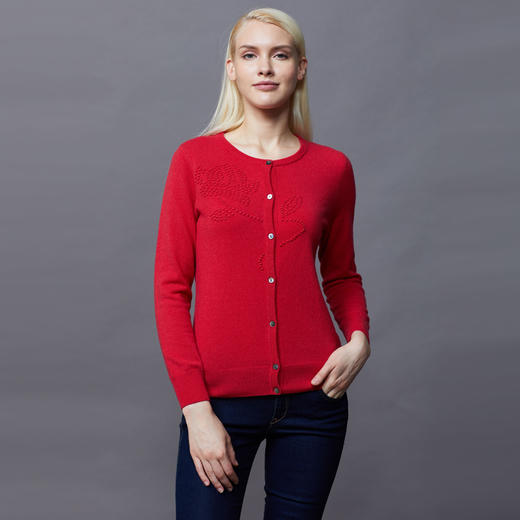 羊绒世家冬新品100%山羊绒圆领开衫女纯色立体提花保暖外搭毛衣 商品图4