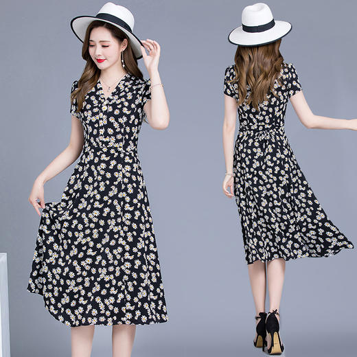 MQ-SLQ2082夏新款短袖优雅气质显瘦中长碎花雪纺连衣裙YY 商品图0