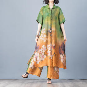JYCP-70105原创休闲宽松大码真丝印花开衫+阔腿裤套装两件套