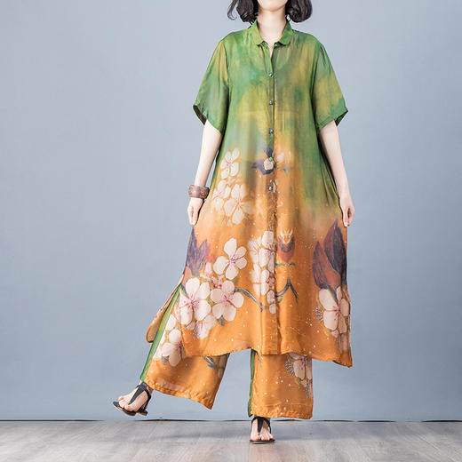 JYCP-70105原创休闲宽松大码真丝印花开衫+阔腿裤套装两件套 商品图0