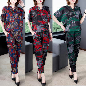 AHM-aswy3041夏新款宽松气质大码妈妈印花长裤V领五分袖两件套