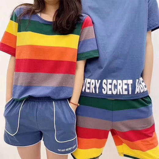 TSFS-C5202020新款纯棉T恤彩虹情侣睡衣套装TZF 商品图0