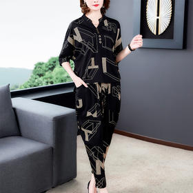 AHM-aswy3045宽松气质大码妈妈装印花长裤V领七分袖两件套