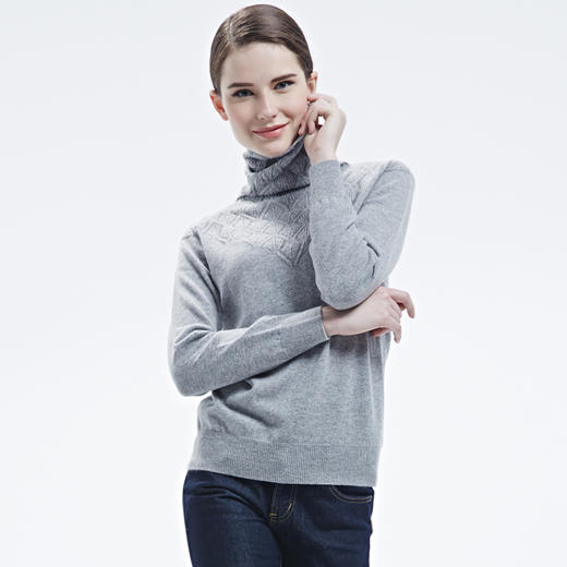 羊绒世家女秋冬新品纯色简约堆领毛衣女薄款菱形印花纯山羊绒衫女 商品图3