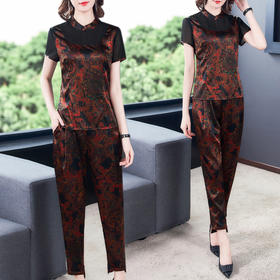 LFJR-9028夏新款真丝衬衫桑蚕丝短袖上衣阔腿裤两件套