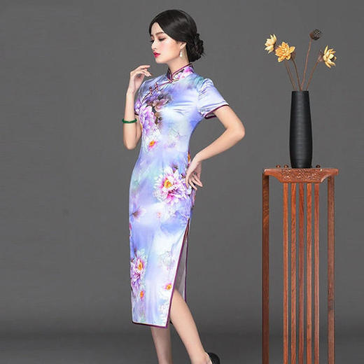 HZ-1715E新品中式立领复古真丝旗袍 商品图2