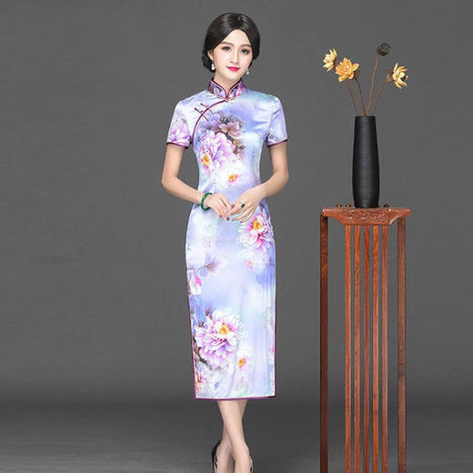 HZ-1715E新品中式立领复古真丝旗袍 商品图1