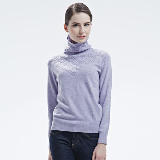 羊绒世家女秋冬新品纯色简约堆领毛衣女薄款菱形印花纯山羊绒衫女 商品图5