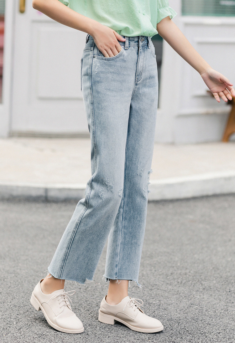 茵曼九分牛仔裤女2020夏装新款时尚高腰破洞不规则直筒纯棉休闲裤