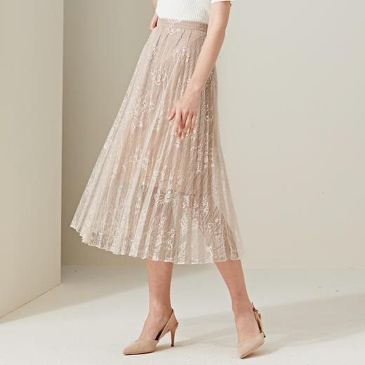 METTE2020春夏新品女士中长款蕾丝网纱半身裙修身显瘦飘逸百褶裙 商品图2