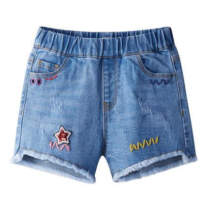 lavi女童夏季彩色手工米粒绣毛边脚口牛仔裤短裤 - 酷小孩商城