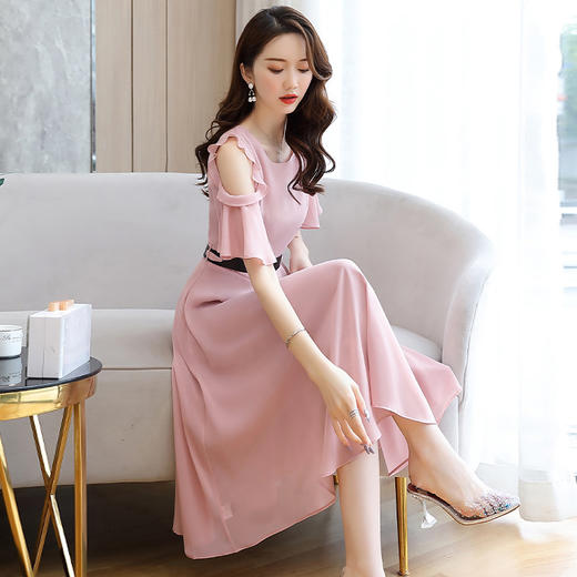 WZNH-YBX2021新款2020夏季新款露肩修身中长款收腰系带连衣裙 商品图3