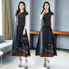WZNH-HRYZ7067通勤圆领高腰韩版短袖文艺范连衣裙