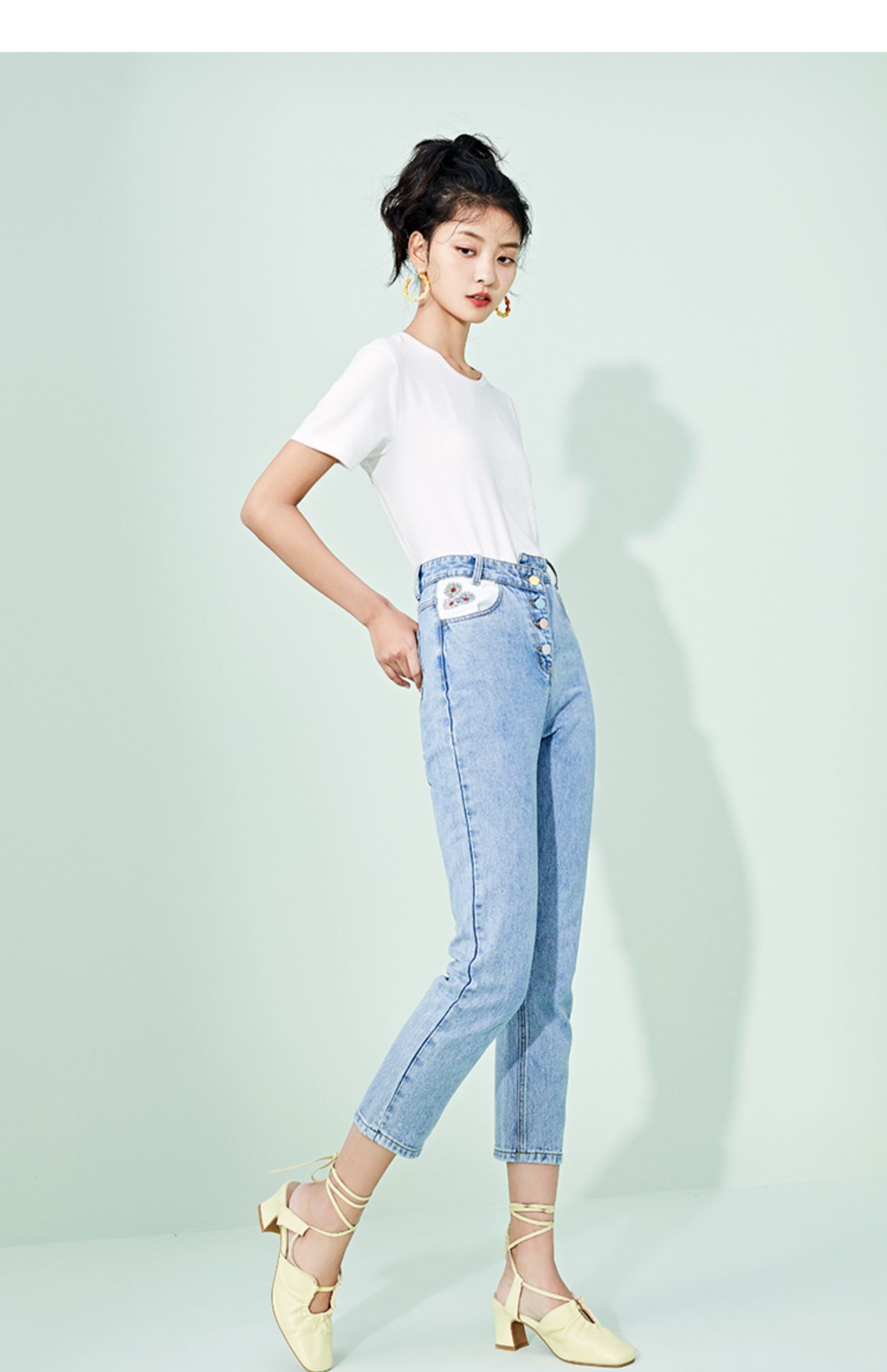 5件8折onemore夏萝卜裤女士小雏菊牛仔裤九分裤高腰气质长裤