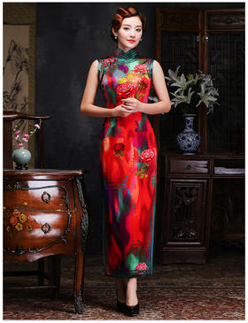 LY00612真丝复古老上海高端修身开襟长款年会走秀旗袍