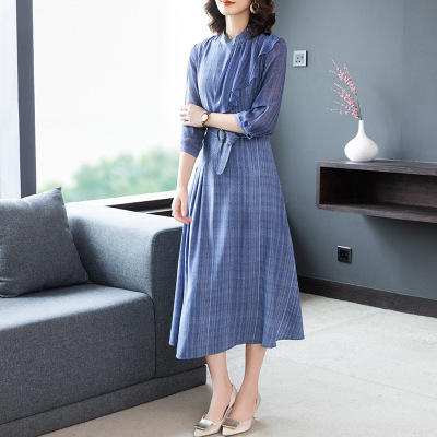 AHM 8313 2020夏季新款连衣裙立领时尚气质优雅荷叶边五分袖牛仔蓝 商品图2