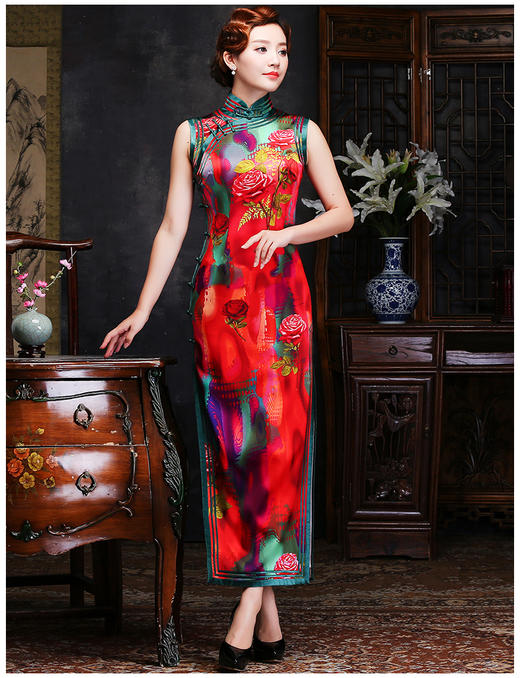 LY00612真丝复古老上海高端修身开襟长款年会走秀旗袍 商品图2