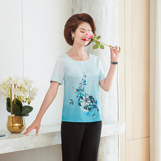 MQ-WX9903夏装新款圆领仿真丝印花短袖T恤小衫YY 商品图0
