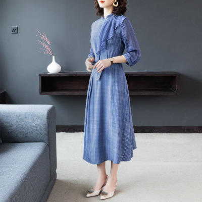 AHM 8313 2020夏季新款连衣裙立领时尚气质优雅荷叶边五分袖牛仔蓝 商品图1