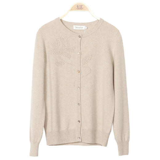 羊绒世家冬新品100%山羊绒圆领开衫女纯色立体提花保暖外搭毛衣 商品图6