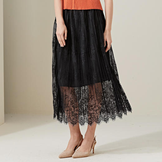 METTE2020春夏新品女士中长款蕾丝网纱半身裙修身显瘦飘逸百褶裙 商品图1