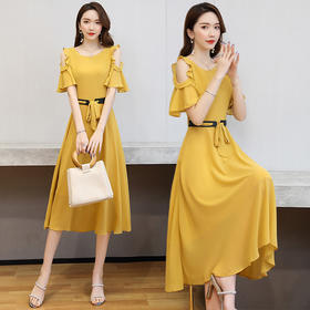 WZNH-YBX2021新款2020夏季新款露肩修身中长款收腰系带连衣裙