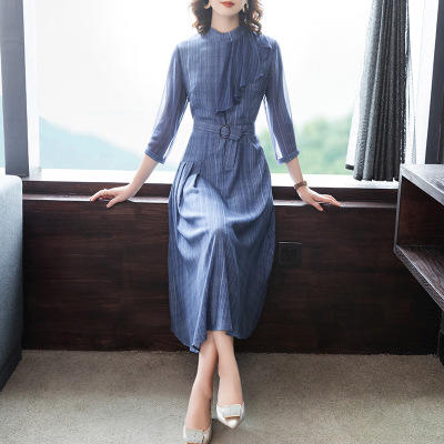 AHM 8313 2020夏季新款连衣裙立领时尚气质优雅荷叶边五分袖牛仔蓝 商品图3