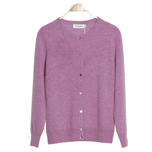 羊绒世家冬新品100%山羊绒圆领开衫女纯色立体提花保暖外搭毛衣 商品图5