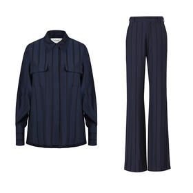 HIDEMI 夏日清透深海蓝色织竖条纹套装 口袋衬衫/喇叭型宽松长裤